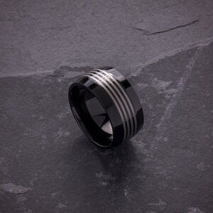 Stainless Steel Polished & Lasered Black IP-plated 12mm Wedding Band Ring